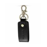 Black leather keychain with red leather panel and metal ring by ESS9.pk