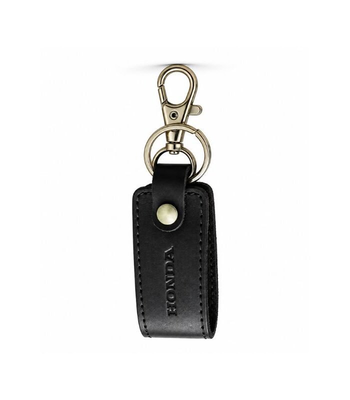 Black leather keychain with red leather panel and metal ring by ESS9.pk