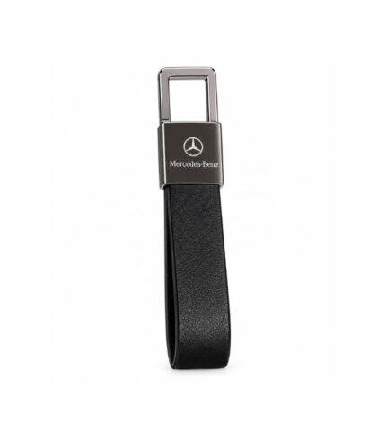 Black leather keychain with polished metal hardware by ESS9.pk