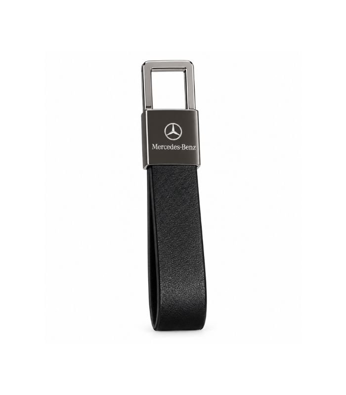 Black leather keychain with polished metal hardware by ESS9.pk
