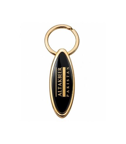 Black oval metal keychain with polished gold finish by ESS9.pk