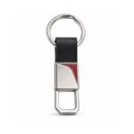 Black leather keychain with textured finish and red stitching by ESS9.pk