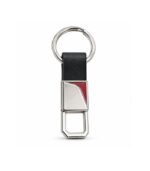 Black leather keychain with textured finish and red stitching by ESS9.pk
