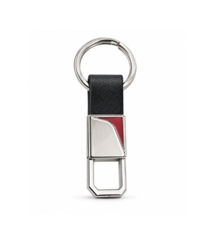 Black leather keychain with textured finish and red stitching by ESS9.pk