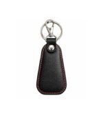 Black textured leather keychain with red edge stitching by ESS9.pk