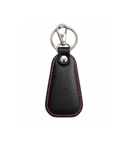 Black textured leather keychain with red edge stitching by ESS9.pk