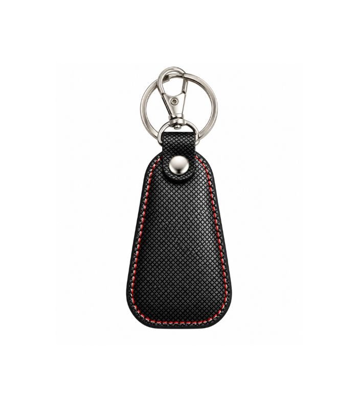 Black textured leather keychain with red edge stitching by ESS9.pk