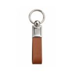 Brown leather strap keychain with polished metal hardware by ESS9.pk