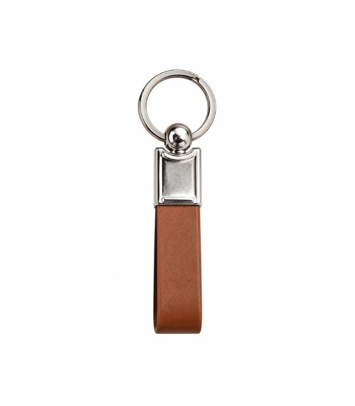 Brown leather strap keychain with polished metal hardware by ESS9.pk
