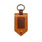 Tan leather keychain with brown textured center panel by ESS9.pk