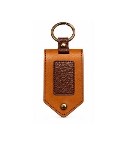 Tan leather keychain with brown textured center panel by ESS9.pk