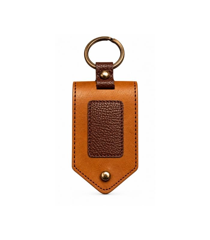 Tan leather keychain with brown textured center panel by ESS9.pk